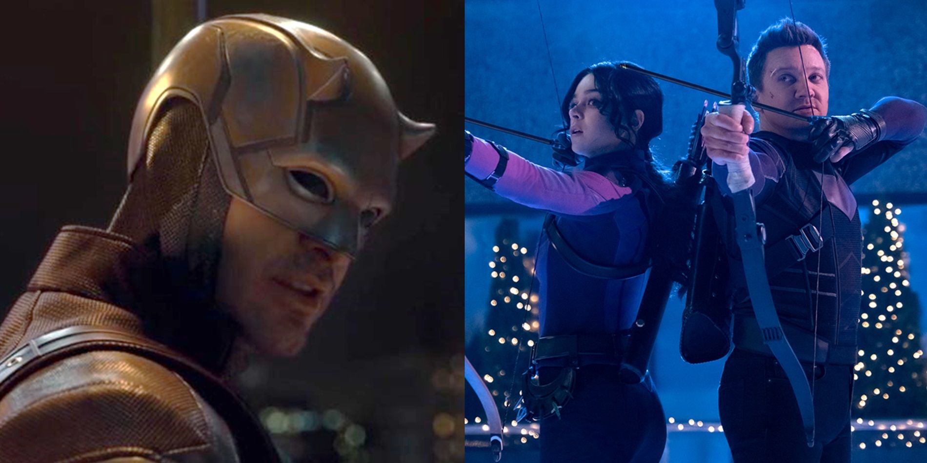 Split image of Daredevil in She-Hulk and Clint and Kate in Hawkeye