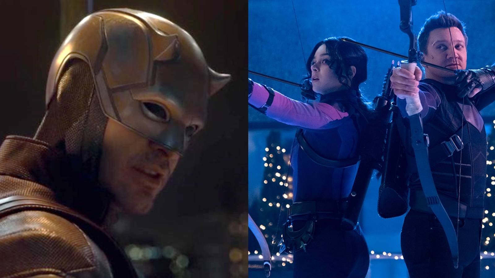 Split image of Daredevil in She-Hulk and Clint and Kate in Hawkeye
