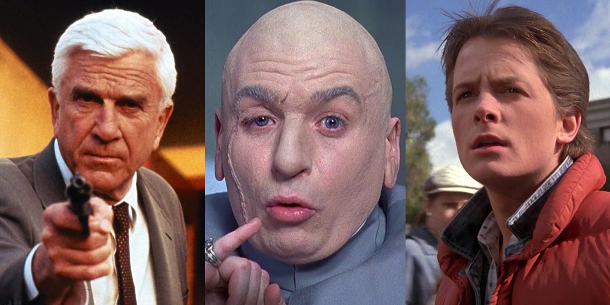 Split image of Frank Drebin in The Naked Gun, Dr Evil in Austin Powers, and Marty McFly in Back to the Future