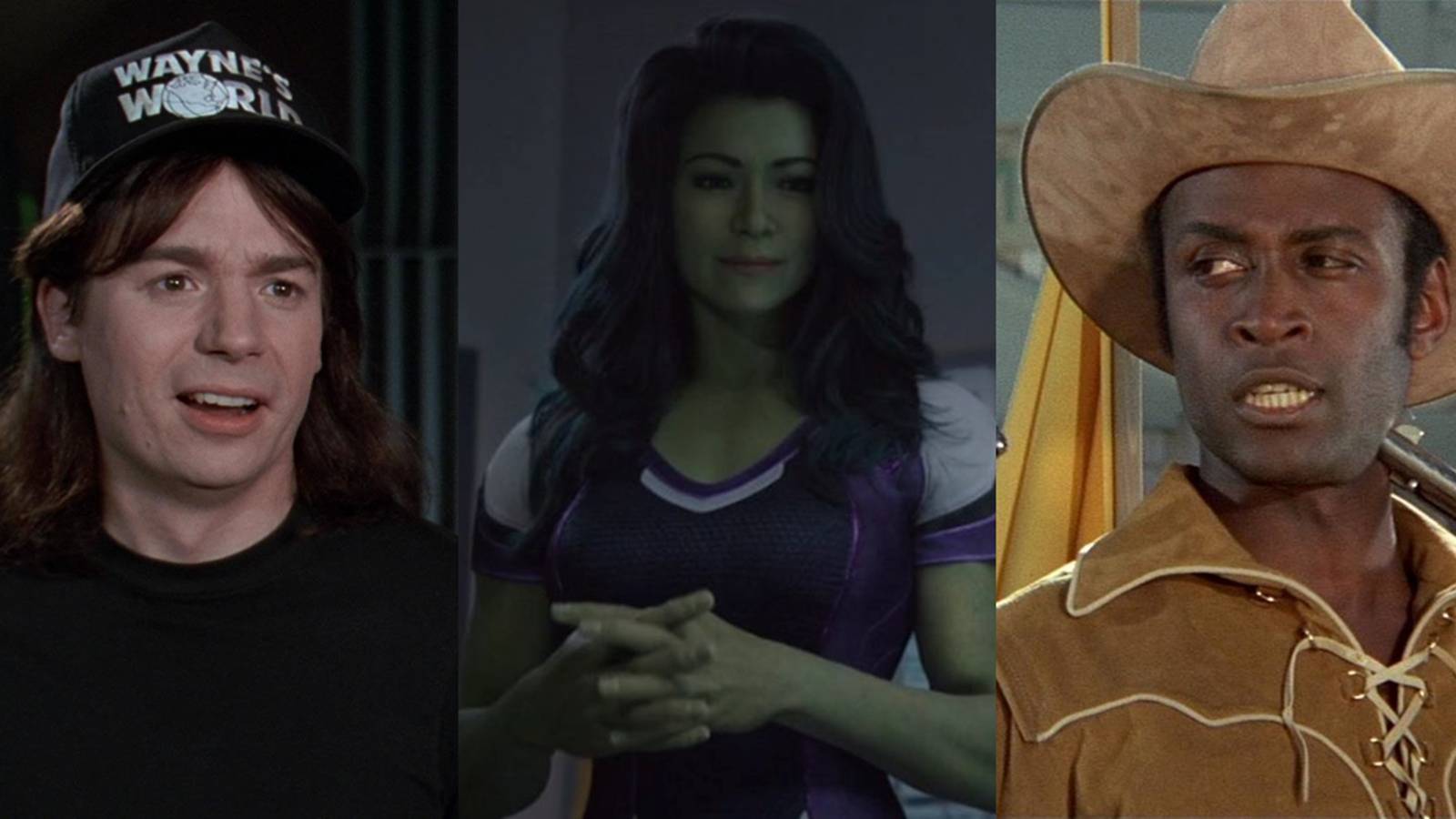 Split image of Wayne in Wayne's World, Jen in She-Hulk, and Bart in Blazing Saddles