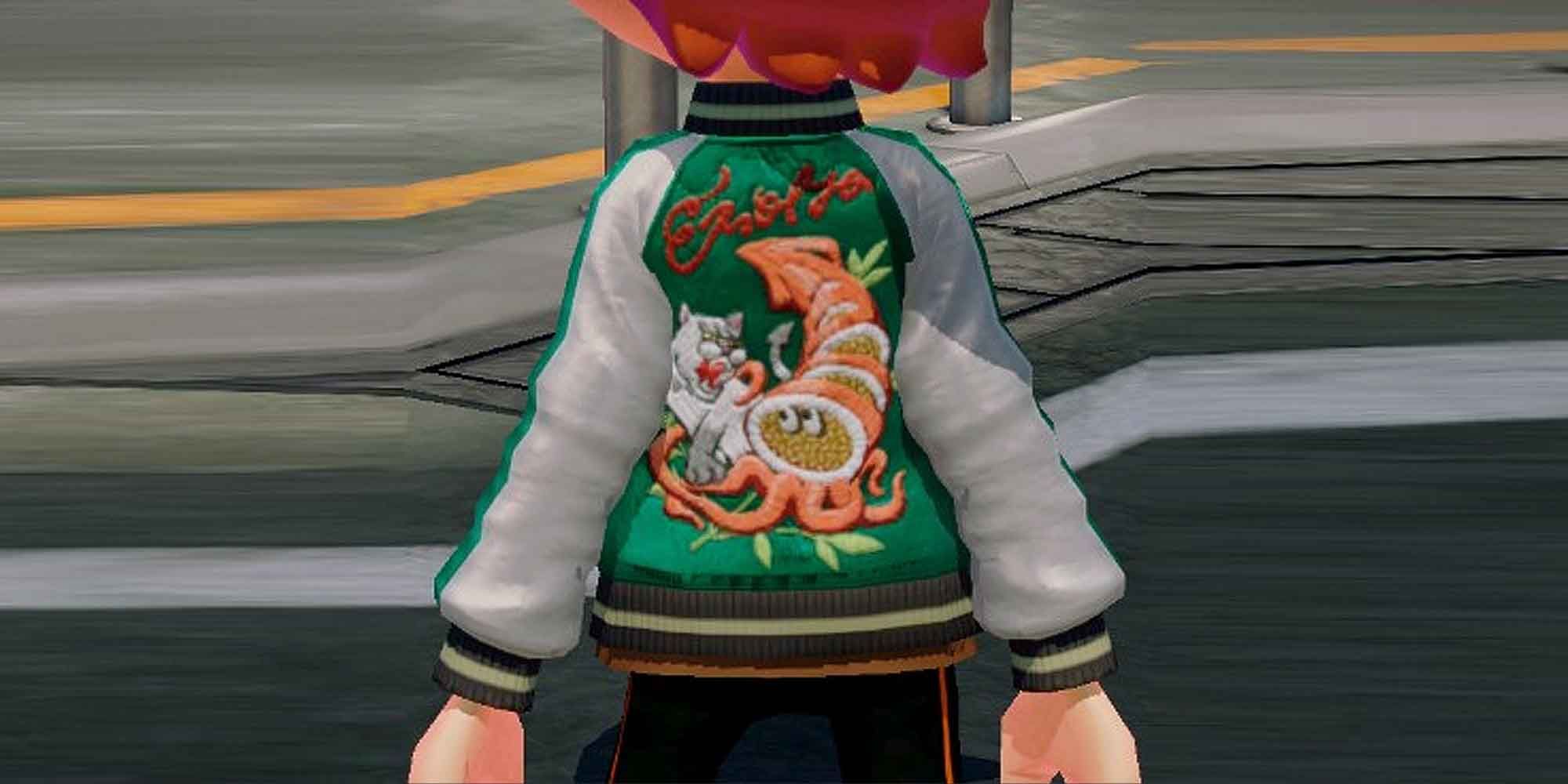 The elaborate back patch on the Squid Satin Jacket in Splatoon 3