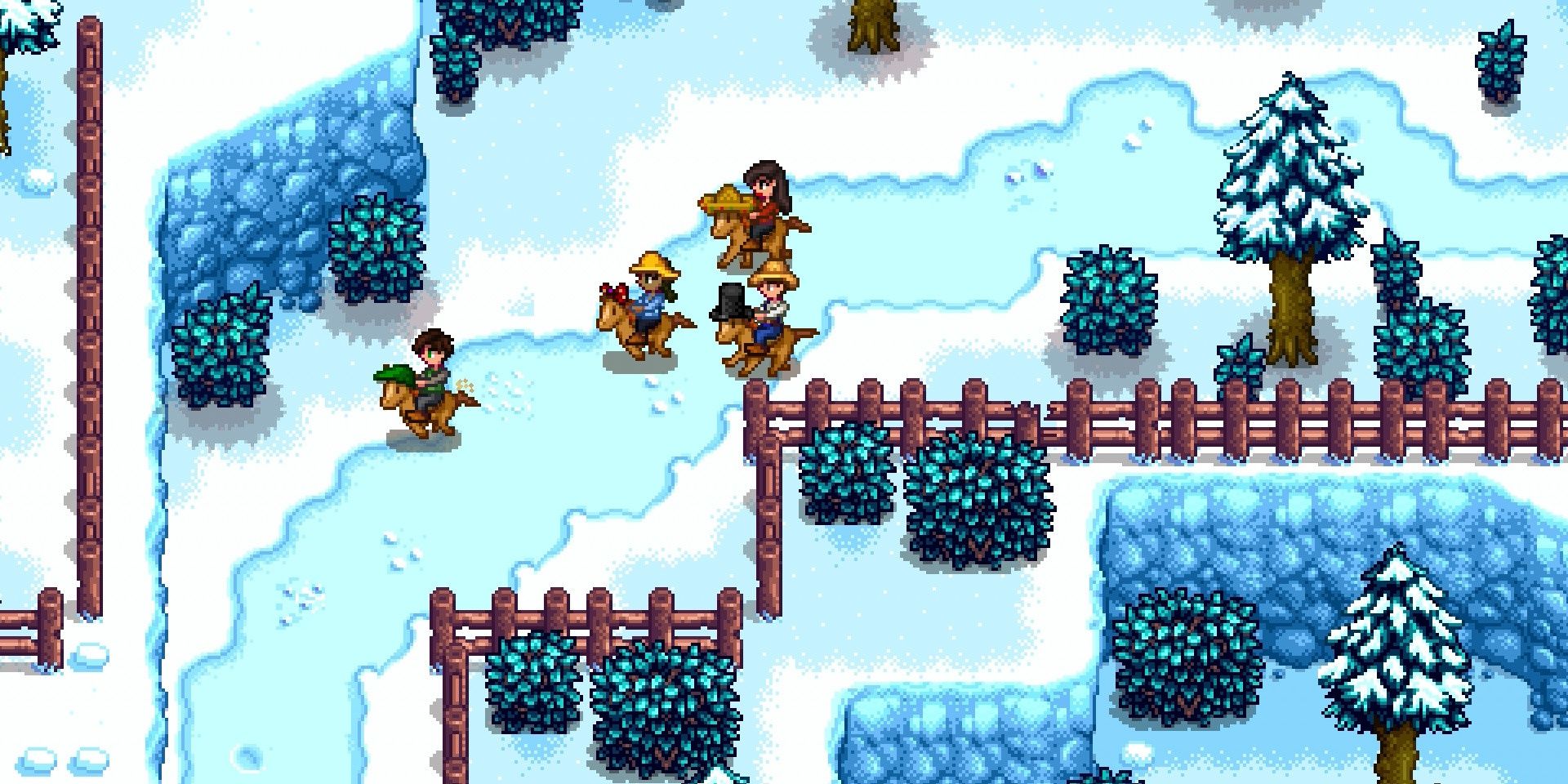 Four players in Stardew Valley riding on horses in the winter