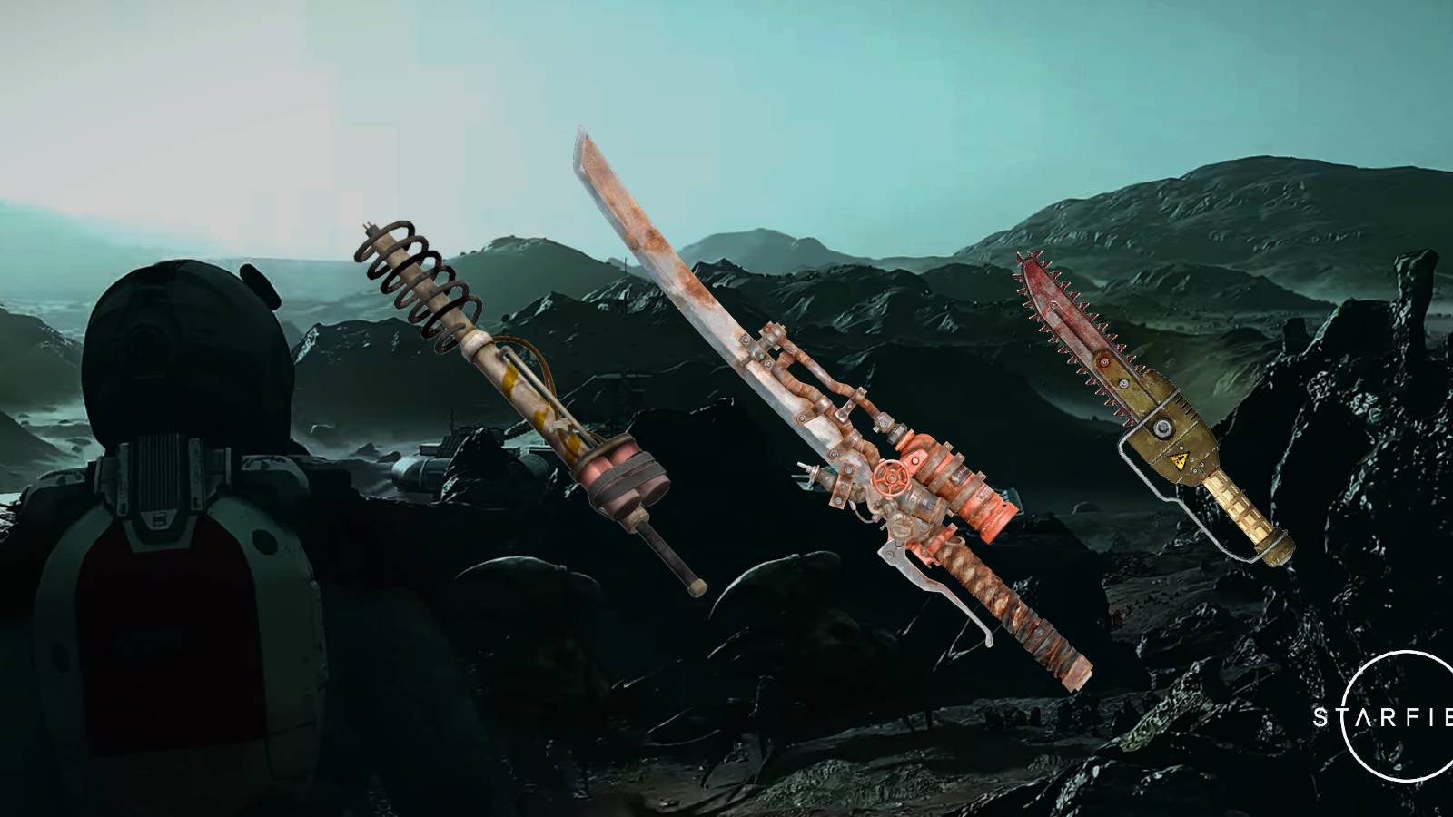 starfield gameplay screenshot logo fallout 3 4 new vegas shishkebab ripper cattle prod melee weapons