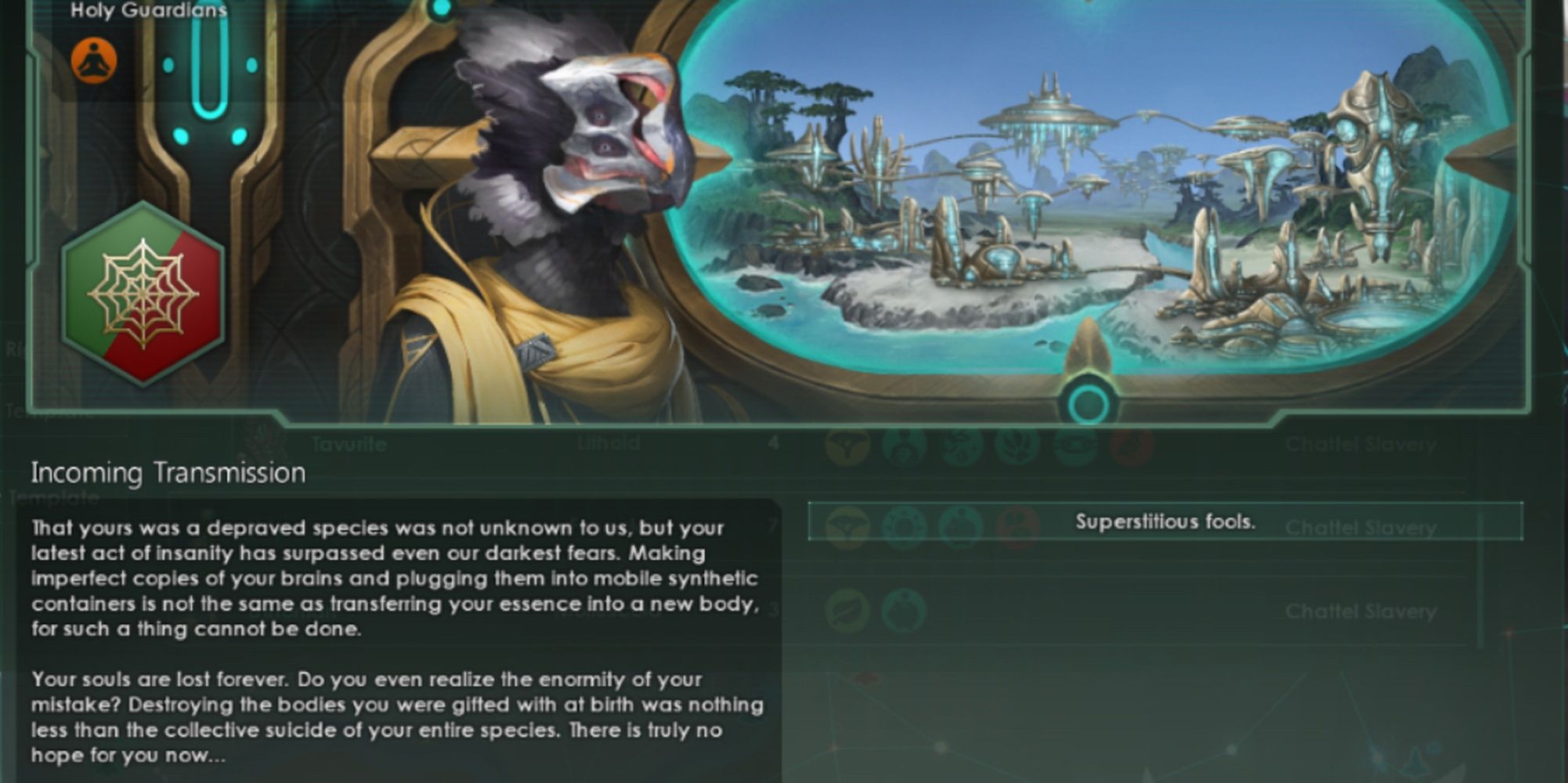A spiritual faction in Stellaris scolding an empire for taking Synthetic Evolution
