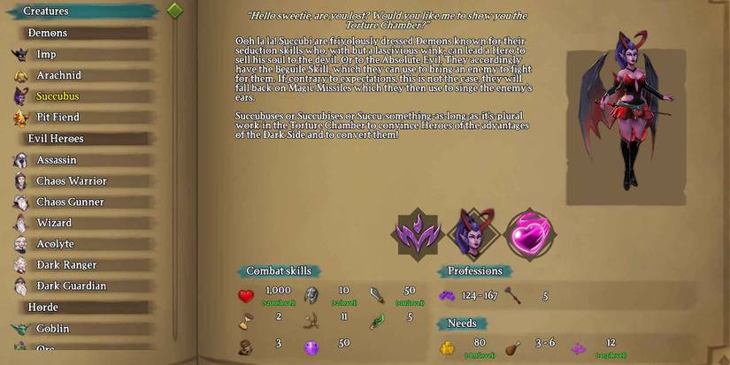 The Almanac entry for the Succubus in Dungeons 3