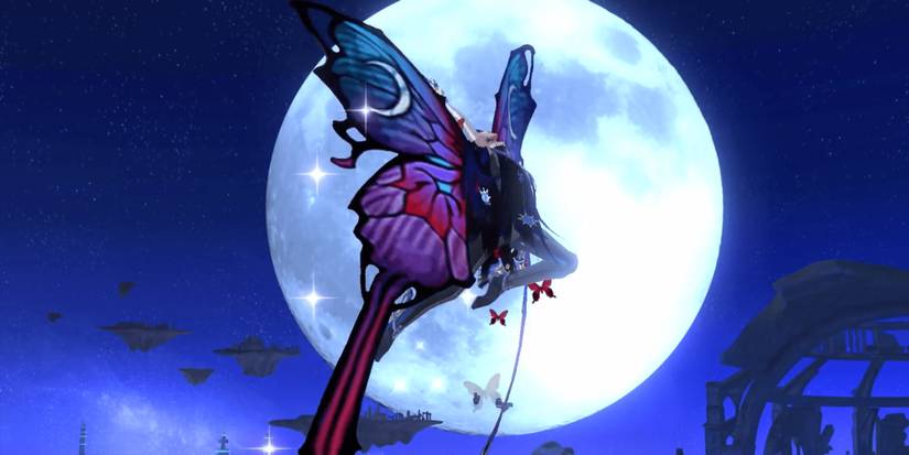 Bayonetta with butterfly wings framed by the moon