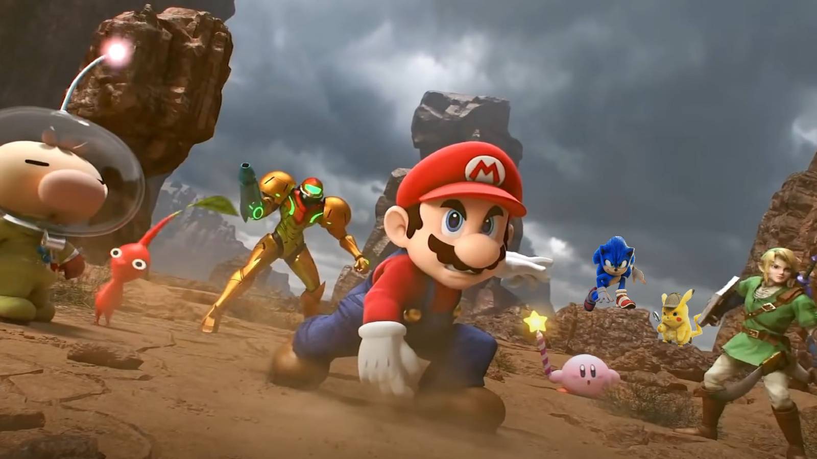 Mario, Olimar, Samus, Link, Kirby alongside Sonic and Detective Pikachu from their respective movies.