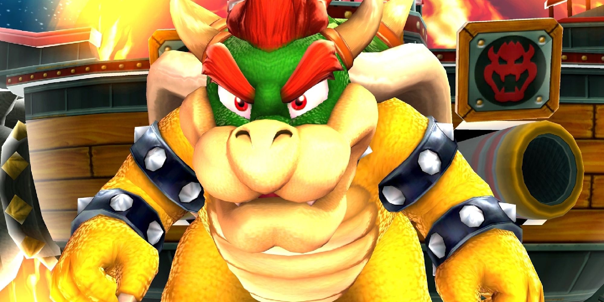 Bowser standing in front of his warship in Super Mario Galaxy