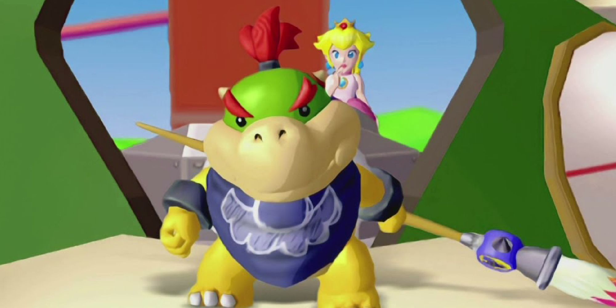 Bowser Jr. holding a paintbrush in front of Peach in Mario Sunshine