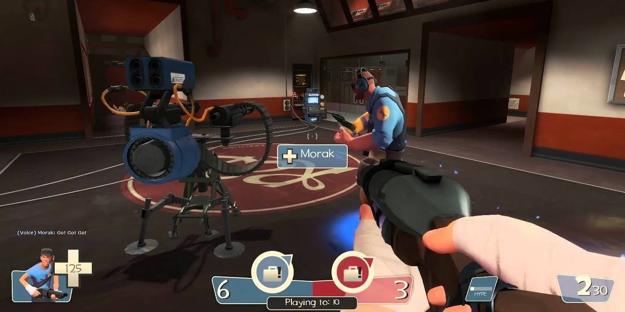 A player facing an engineer in Team Fortress 2