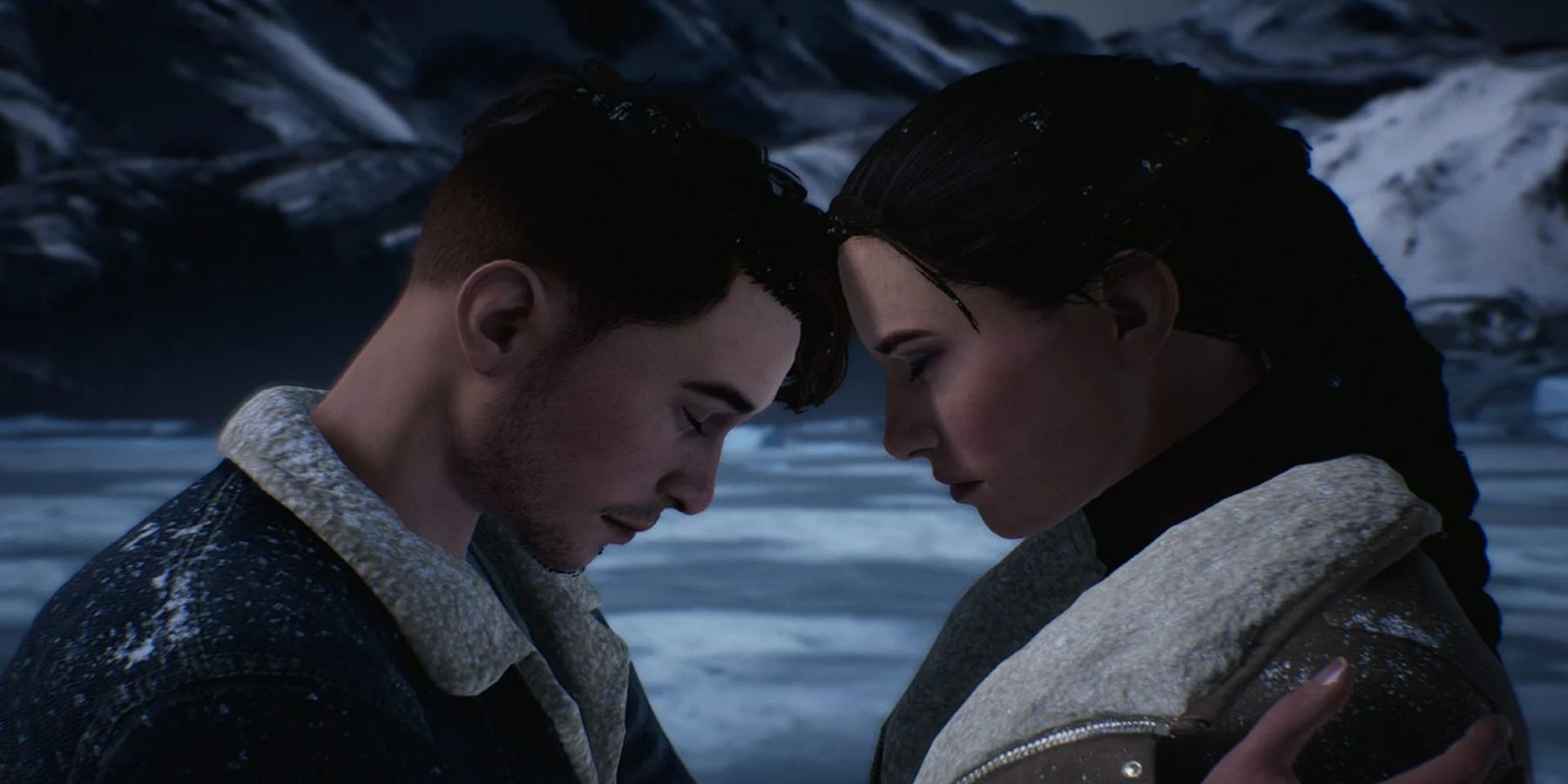 Twin protagonists lean their heads against one anothers in an icy landscape 