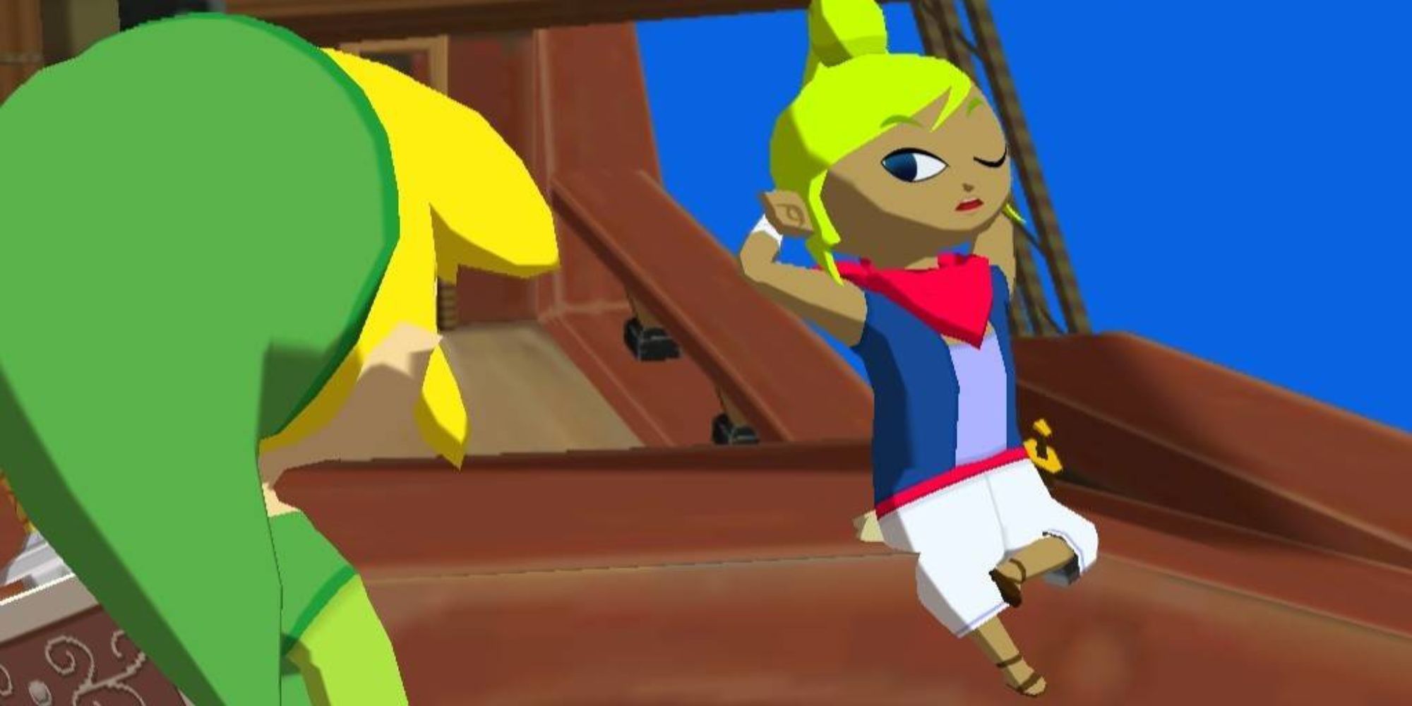 Tetra looking at Link with one eye on her boat in The Legend of Zelda: The Wind Waker
