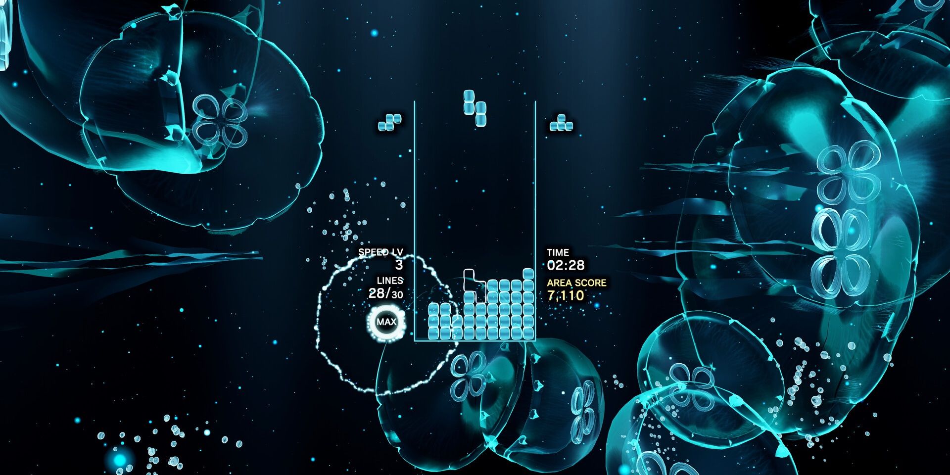 Скриншот игры Tetris Effect с медузами на заднем плане