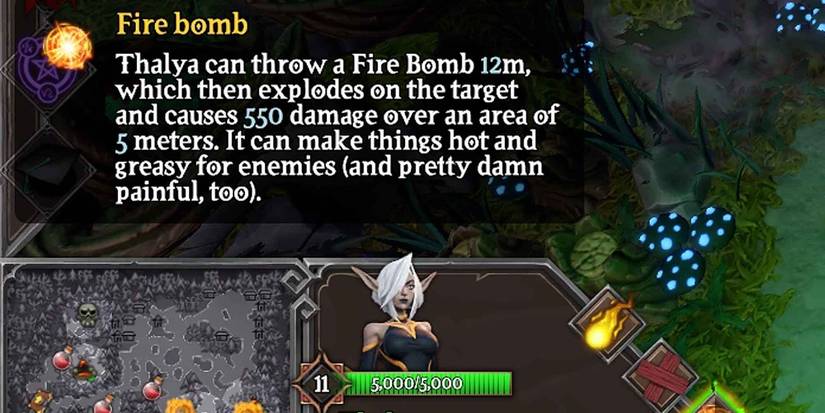 Details about Thalya's Fire Bomb attack in Dungeons 3