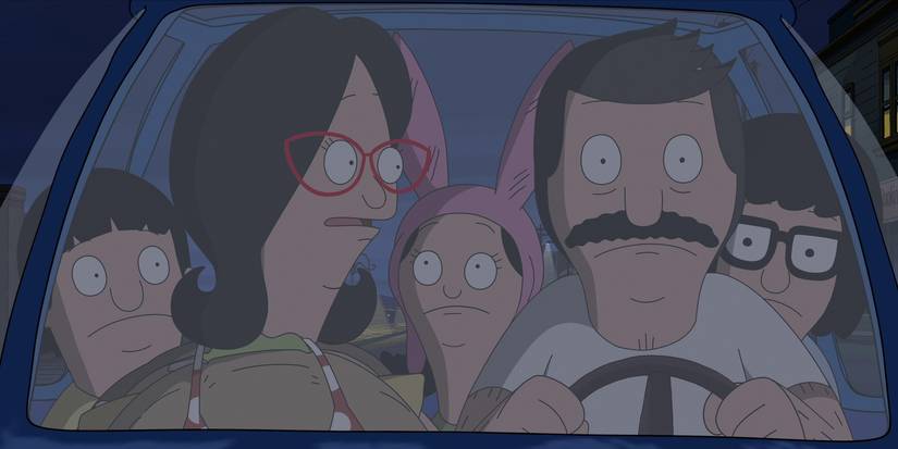 The Belchers in a tiny car in The Bob's Burgers Movie