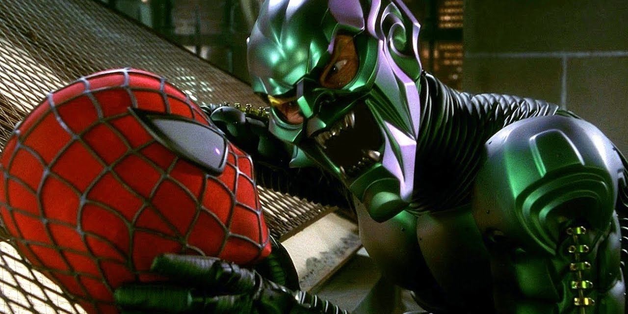 The Green Goblin strangles Spidey in Spider-Man 2002