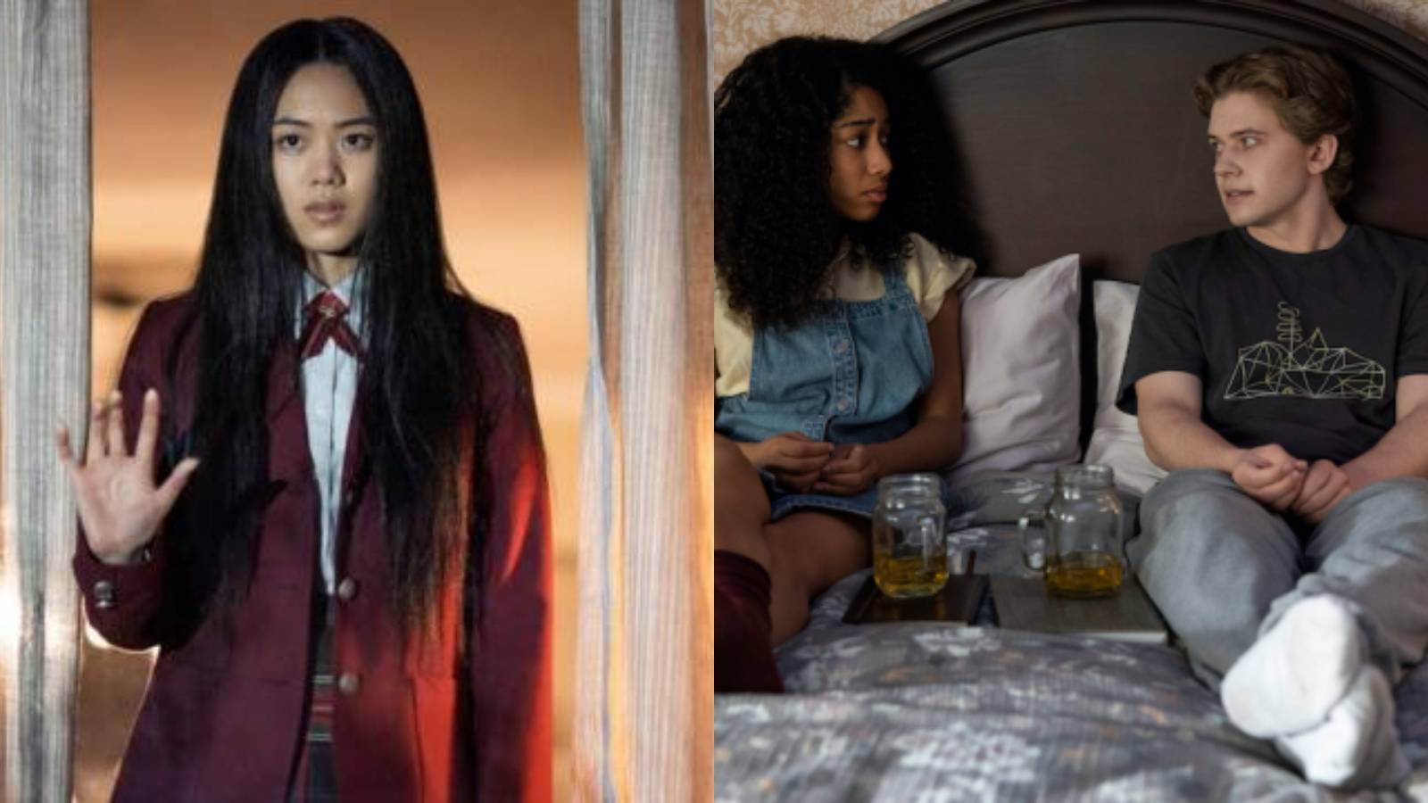 Split image of Aya Furukawa, Iman Benson and Igby Rigney in The Midnight Club