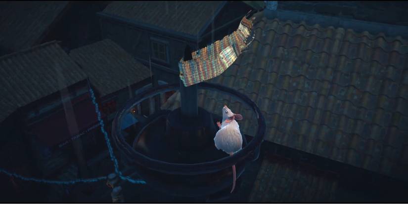 Player approaches the scarf on top of a lightning rod