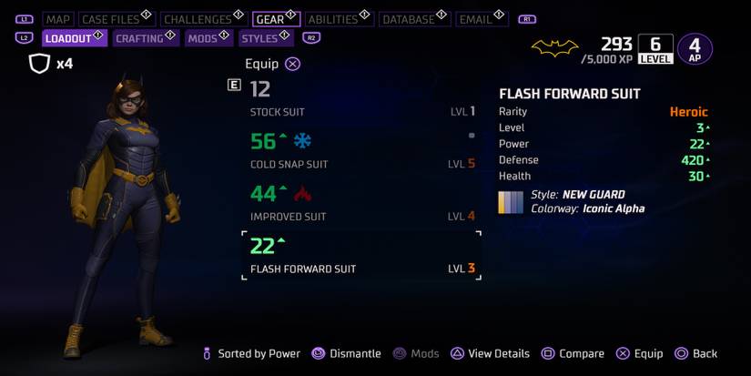 The gear menu in Gotham Knights