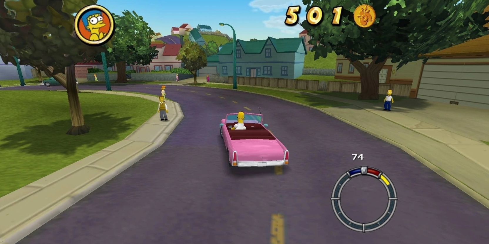 A screenshot of The Simpsons Hit & Run where Homer drives through a neighborhood