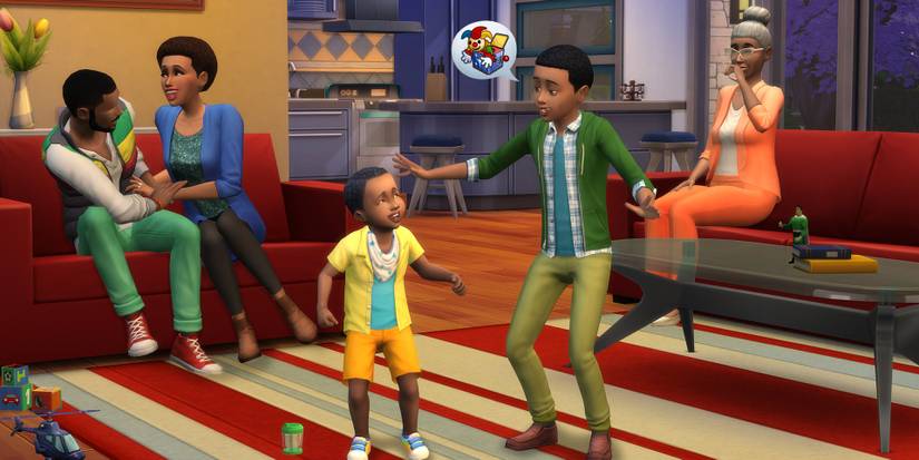 A family in a living room with the two kids chatting in The Sims 4