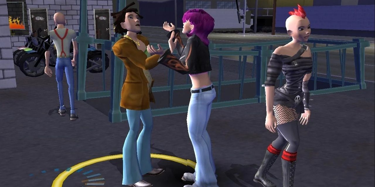 Несколько персонажей The Urbz: Sims In The City взаимодействуют друг с другом