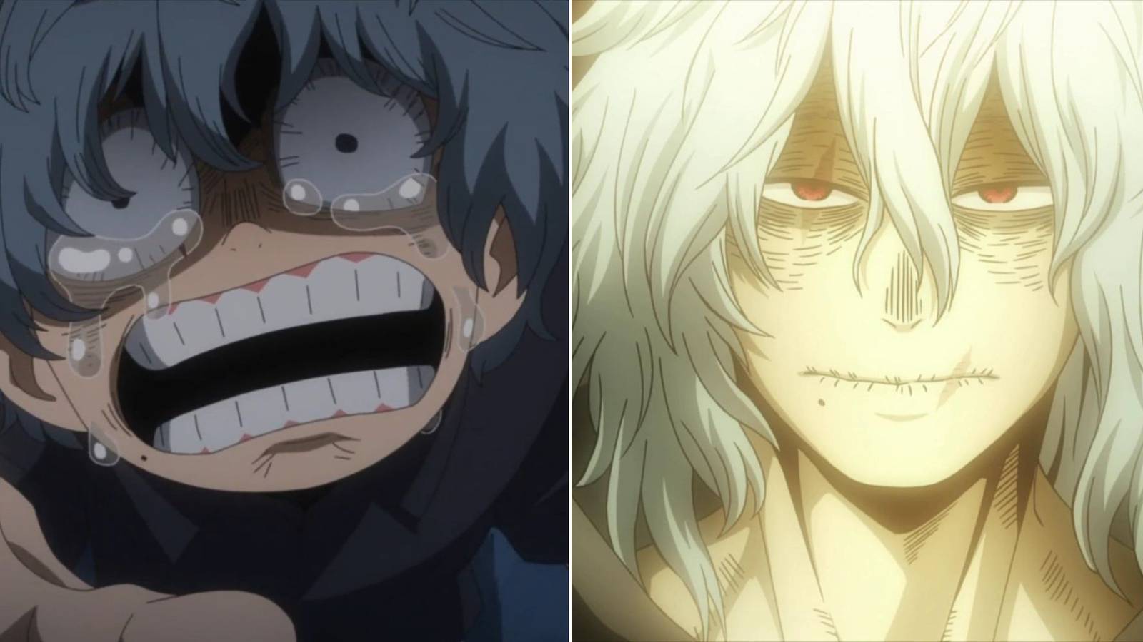 A split image of a young boy crying in distress, and the same boy grown up, staring blank faced at the screen