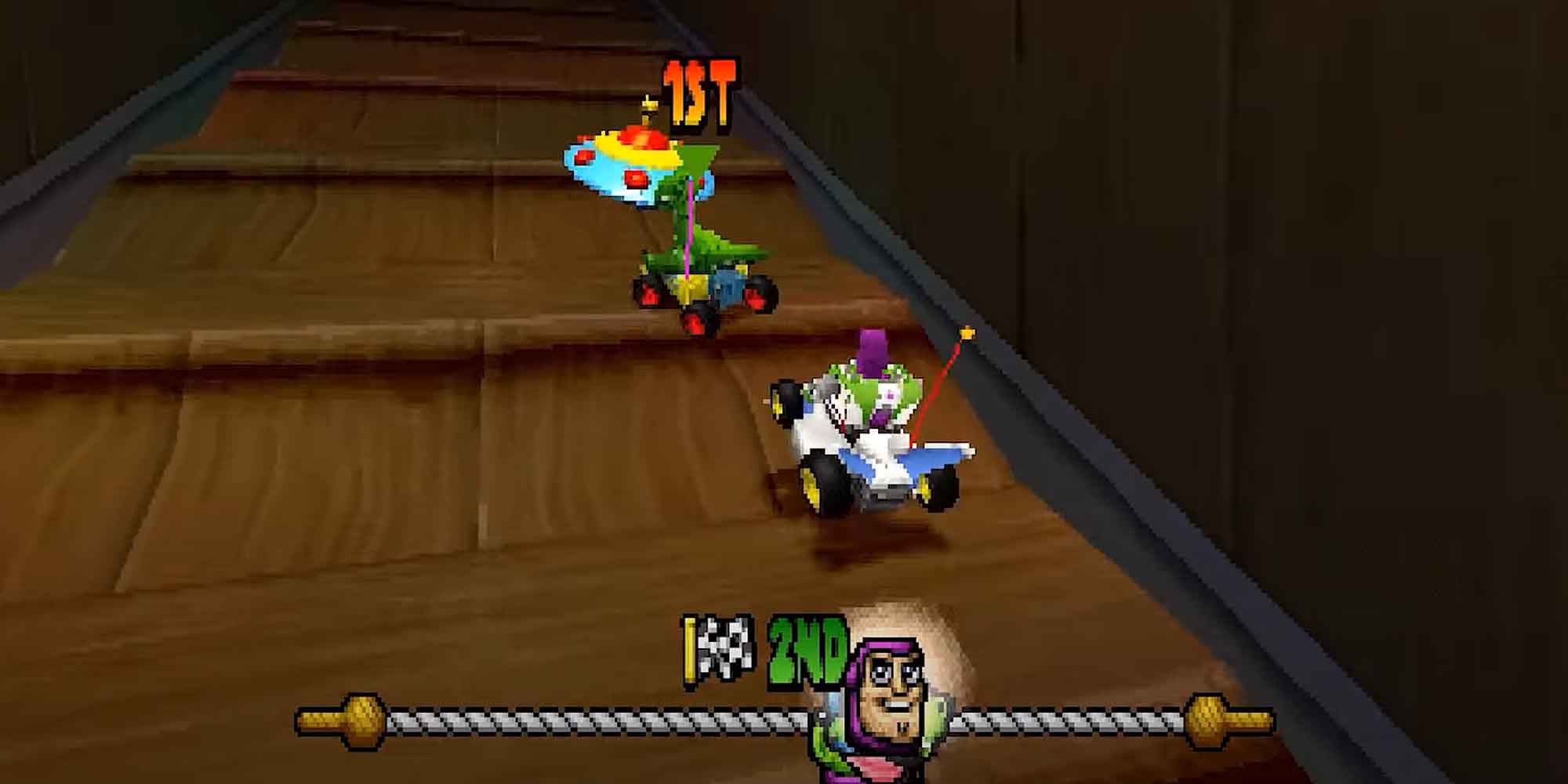 Buzz Lightyear about to pass the lead kart in the Toy Story Racer Disney Game