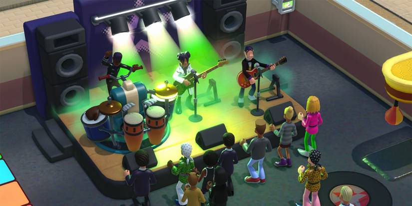 A band performing for a crowd in Two Point Campus