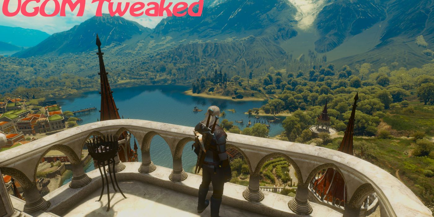 Geralt on a balcony overlooking a lake, as it appears after alterations for The Witcher 3 Ultimate Graphics Options Mod. Images source: nexusmods.com