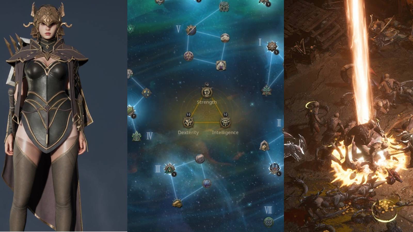 Split image of full armor, skill tree, and a battle in progress in Undecember