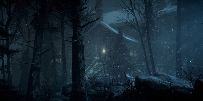 Ominous shot of a lodge in the woods