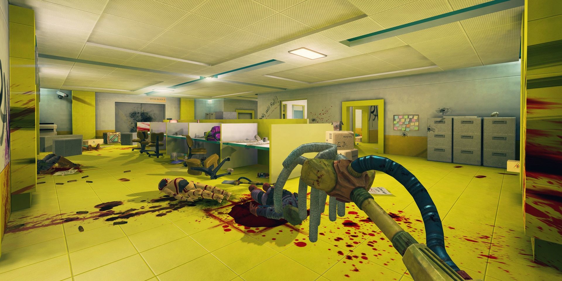 An office that is covered in bodies and blood in Viscera Cleanup Detail with the player holding a mop