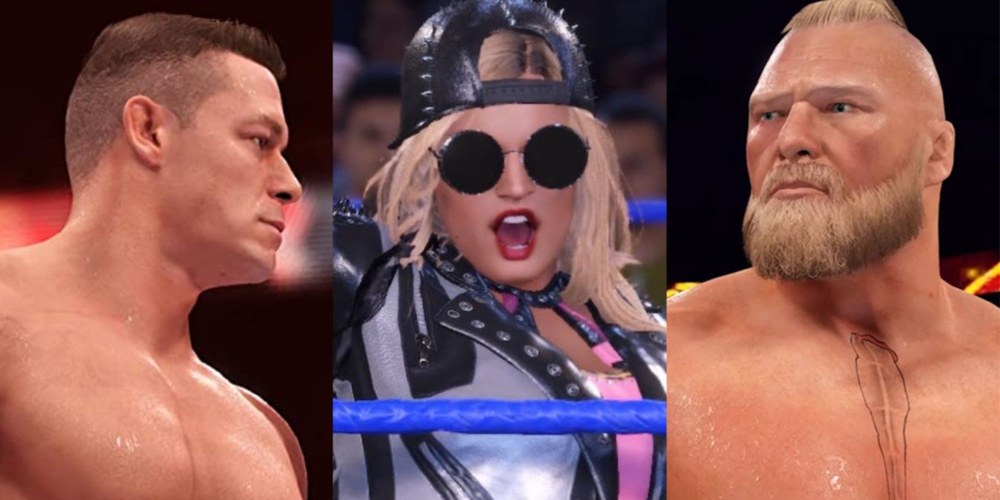 John Cena, Toni Storm, and Brock Lesnar in WWE 2K22