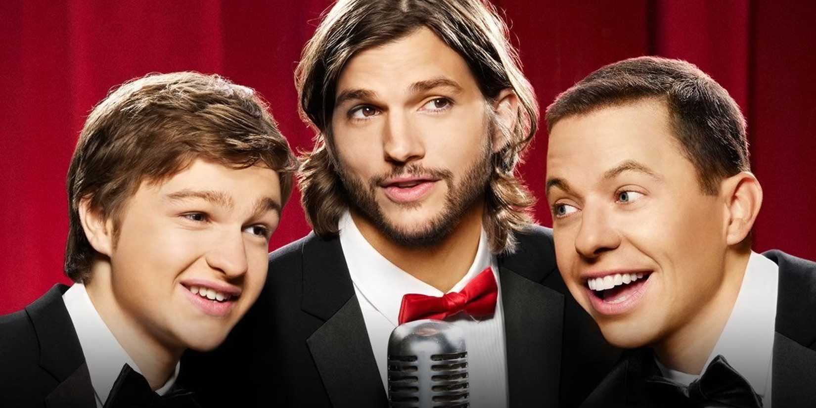 Walden, Alan, and Jake in front of a red curtain in Two and a Half Men
