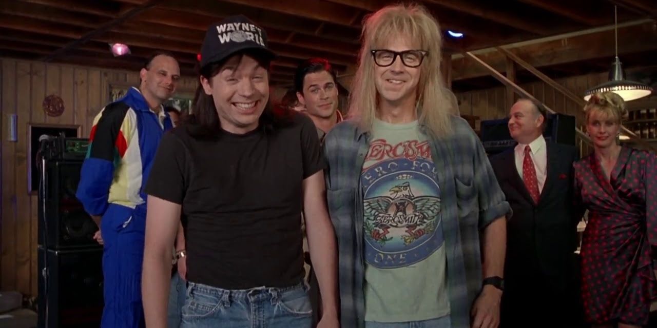 Wayne and Garth look at the camera at the end of Wayne's World