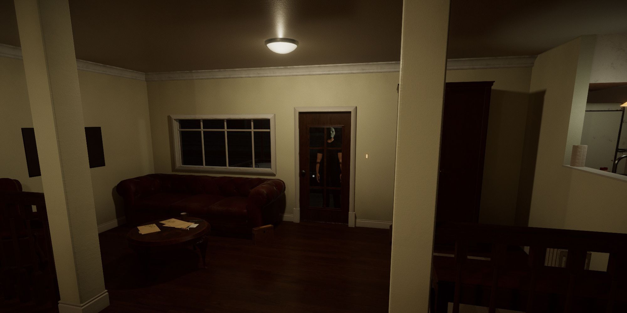 A man with a white mask standing looking through a door at the player in Welcome To The Game 2