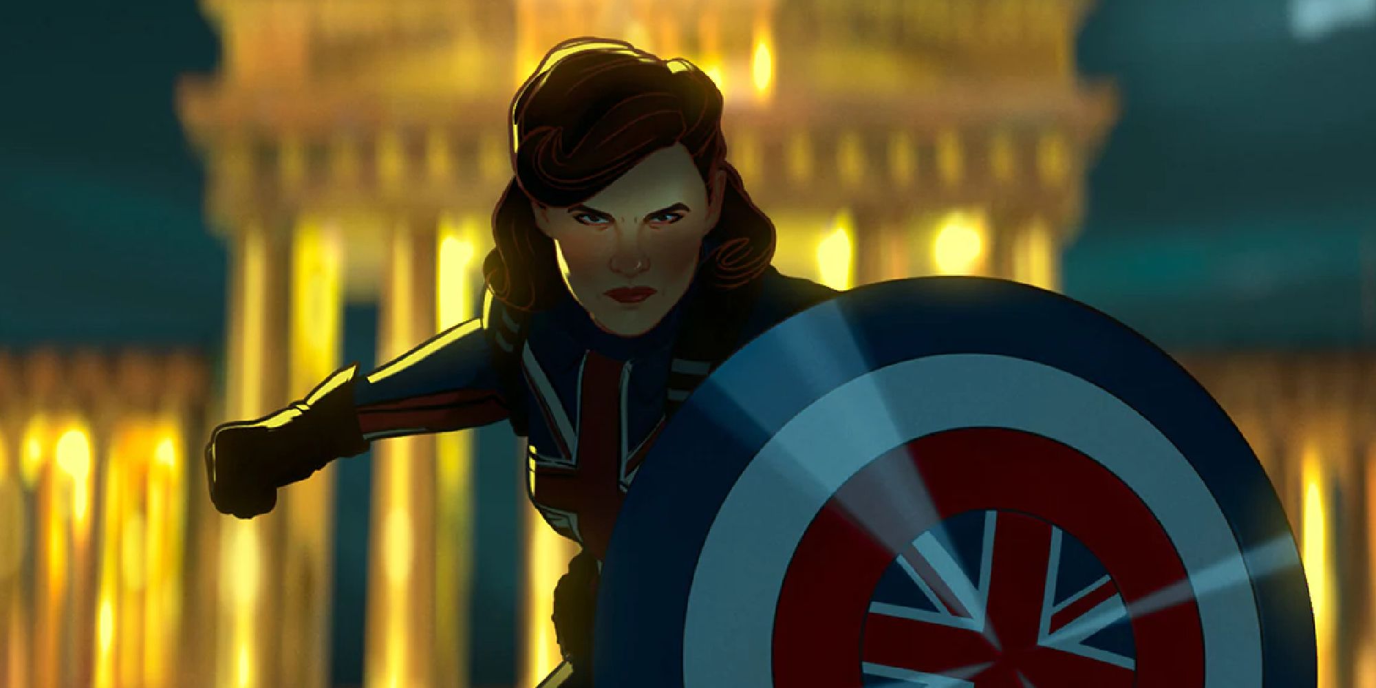 Captain Carter wielding her shield in What If...?