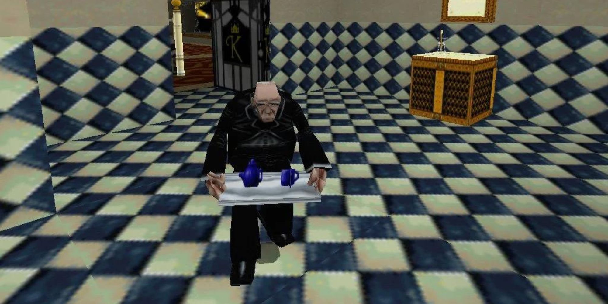 The butler Winston standing in the bathroom holding a tray in the game Tomb Raider 2