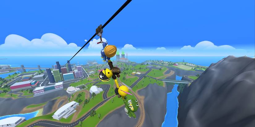 Three wobbly characters hanging on to a zip-line in Wobbly Life