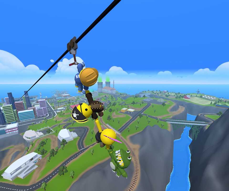 Three wobbly characters hanging on to a zip-line in Wobbly Life