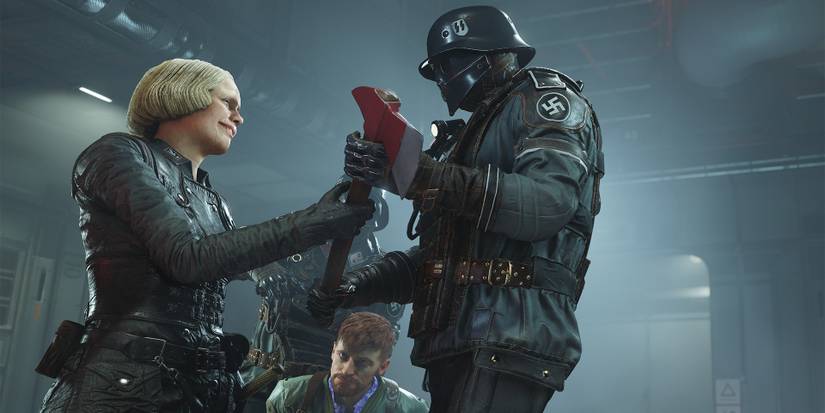 Two Nazis holding an axe in Wolfenstein 2