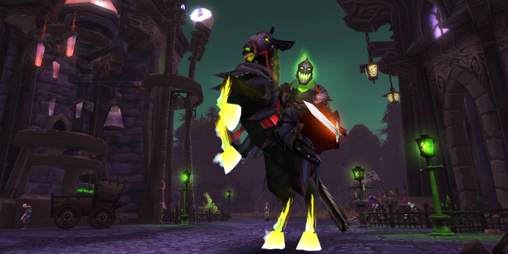 A person on a glowing horse with a glowing green helmet in World of Warcraft