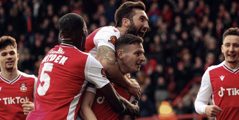 Strikers Paul Mullin and Ollie Palmer celebrating goal Welcome to Wrexham