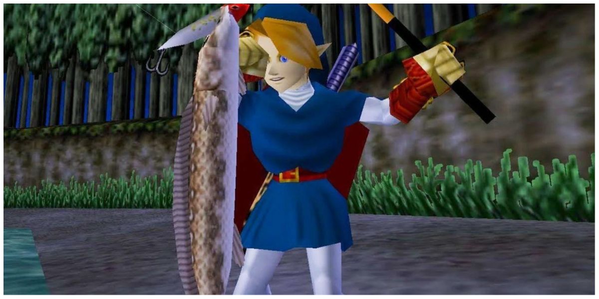 Link holding Hylian Loach while fishing in Legend of Zelda Ocarina of Time