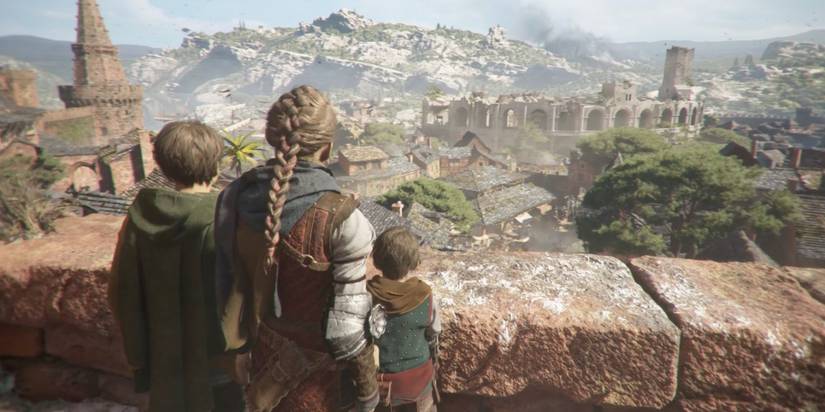 a plague tale amicia lucas and hugo overlooking a city 