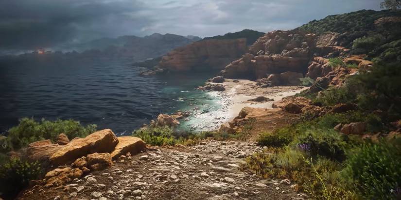 a plauge tale a cliff face towards an island 