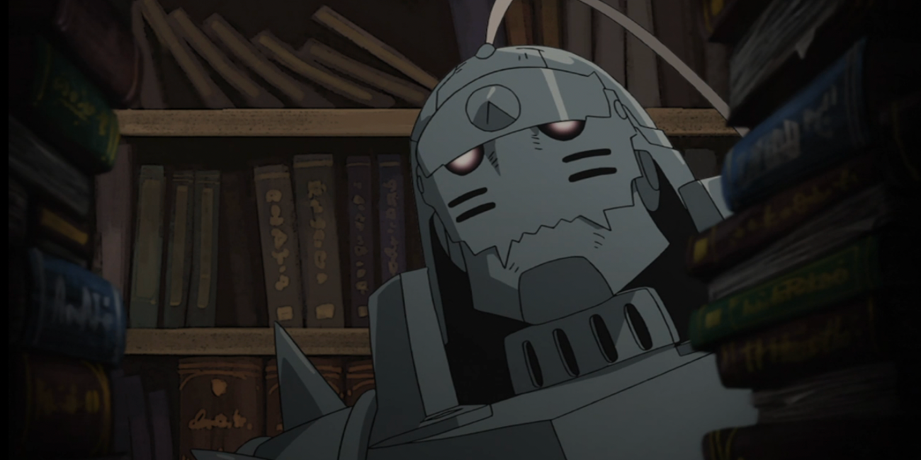 alphonse elric peeking out from behind a stack of books