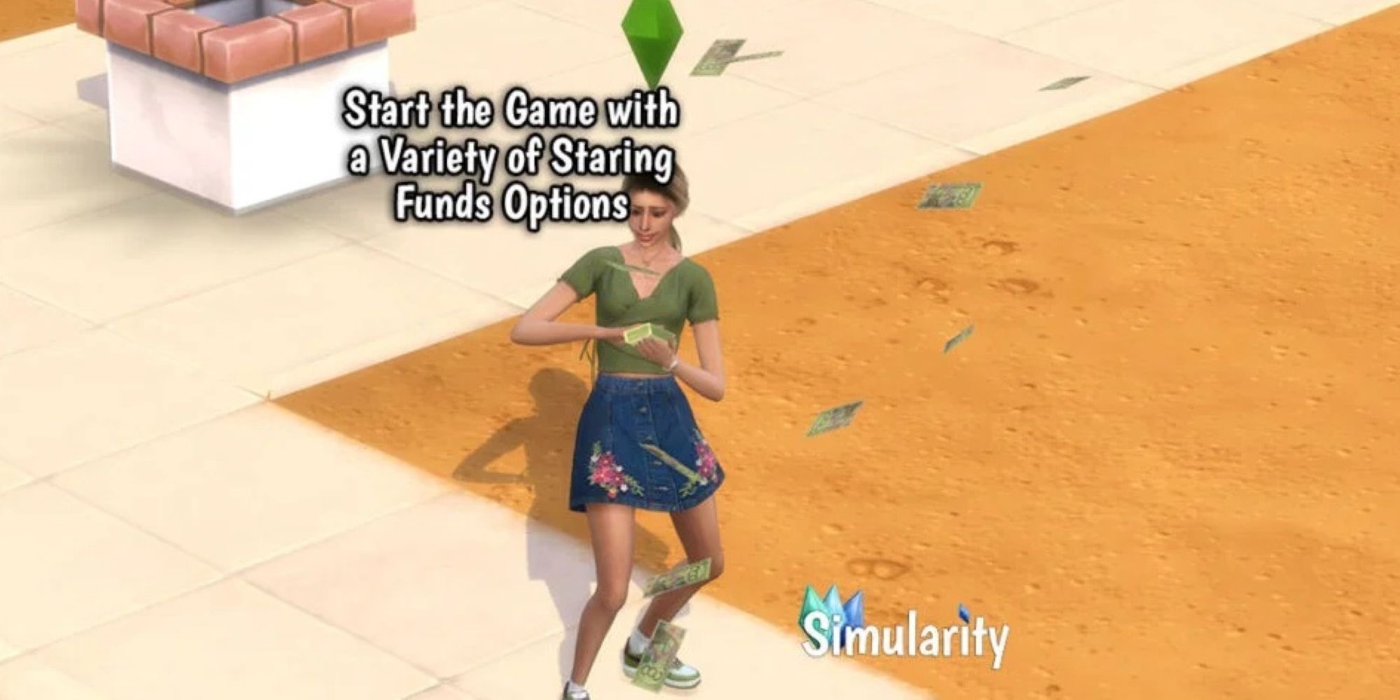 Screenshot of The Sims 4 with the text 'Start the Game with a Variety of Starting Funds Options' overlayed.