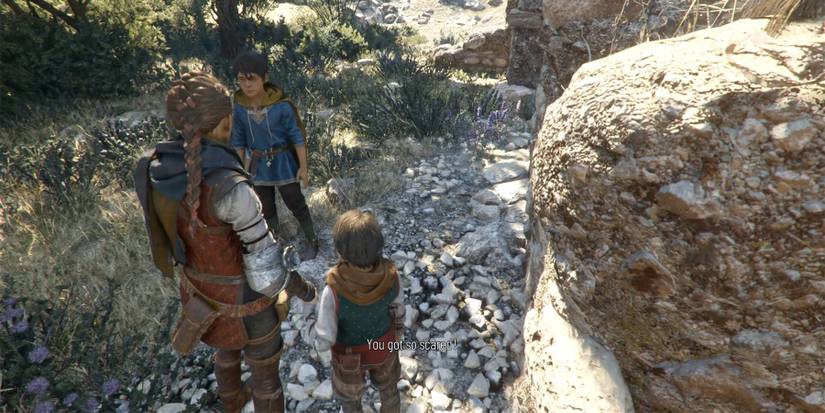 amicia and hugo talking with lucas in a plague tale requiem